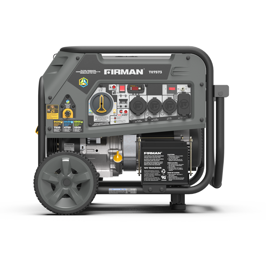 Portable FIRMAN Power Equipment T07573 Tri Fuel Portable Generator 9400W Electric Start 120/240V with CO Alert generator with wheels, featuring various outlets and control switches on a gray and yellow panel.