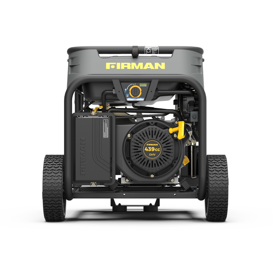 A FIRMAN Power Equipment Tri Fuel Portable Generator 9400W Electric Start 120/240V with CO Alert on wheels with a visible 439cc engine, featuring prominent yellow and black color accents on a gray base and trifecta running on gasoline, natural gas, and propane.