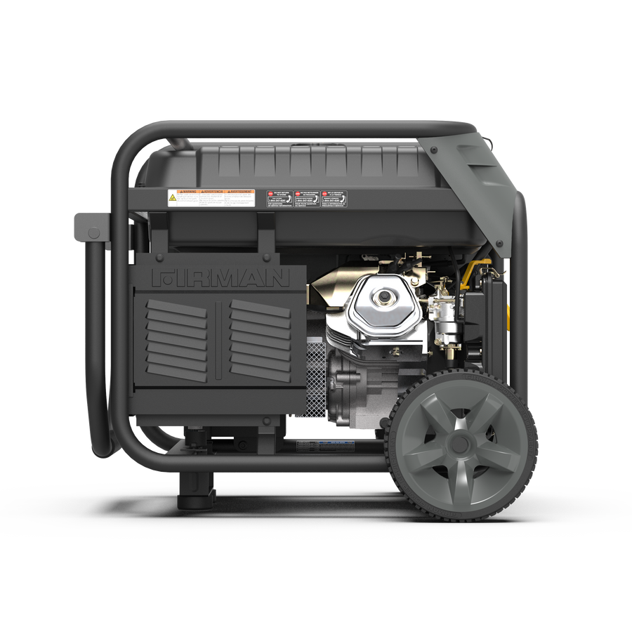 Portable Tri Fuel Portable Generator 9400W Electric Start 120/240V with CO Alert running on gasoline, with visible engine and control panel on wheels, isolated on a white background.