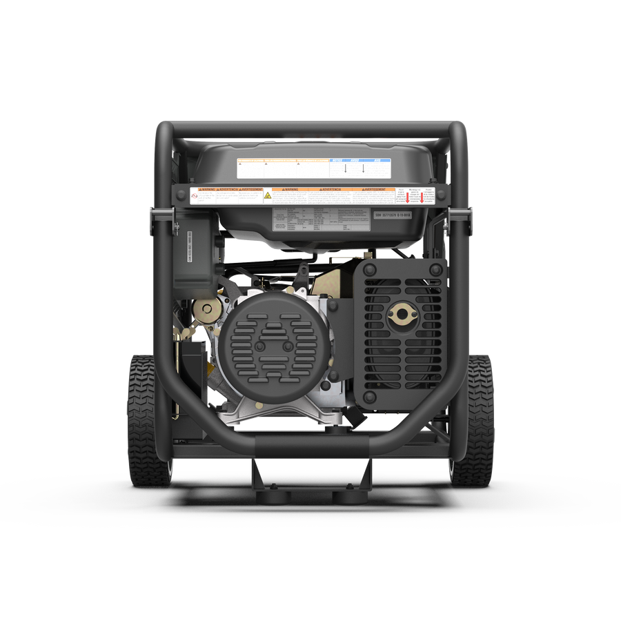 FIRMAN Power Equipment Tri Fuel Portable Generator 9400W Electric Start 120/240V with CO Alert on wheels, rear view showing engine and frame, isolated on a white background.
