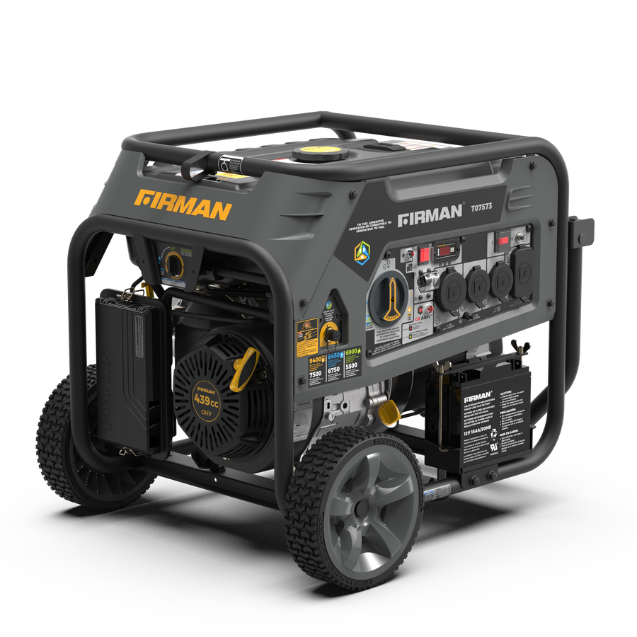 Portable FIRMAN Power Equipment Tri Fuel Portable Generator 9400W Electric Start 120/240V with CO Alert with wheels and control panel, displayed on a white background.