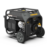 A portable FIRMAN Power Equipment Tri Fuel Generator 9400W Electric Start 120/240V with CO Alert on wheels, featuring a black and yellow color scheme, with visible engine components and control panel, trifecta running on gasoline, natural gas, and propane.