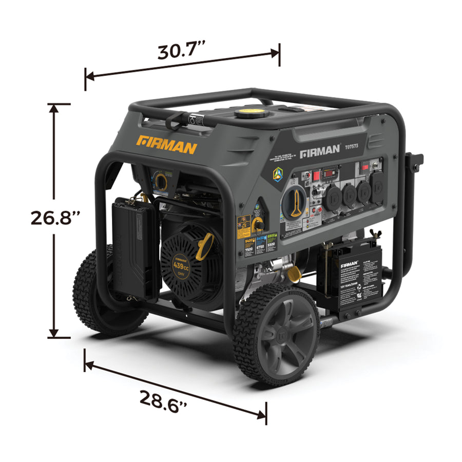 A FIRMAN Power Equipment Tri Fuel Portable Generator 9400W Electric Start 120/240V with CO Alert on wheels, featuring control panel labels and dimensions: 30.7" height, 26.8" width, 28.6" depth.