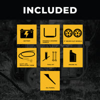 Graphic showcasing accessories included with a FIRMAN Power Equipment Tri Fuel Portable Generator 9400W Electric Start 120/240V with CO Alert, featuring icons for a battery, handle, wheels, hose, tool kit, engine oil, and oil funnel, with the word "included".