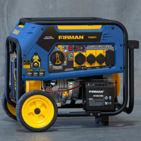 A blue and black FIRMAN Power Equipment Tri Fuel Portable Generator 8000W Electric Start 120/240V on a gray background.