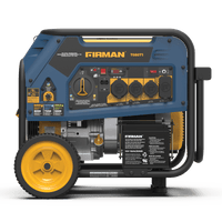 A FIRMAN Power Equipment Tri Fuel Portable Generator 8000W Electric Start 120/240V, with labels and ports visible, set against a plain background.