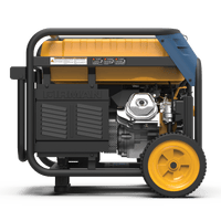 Portable FIRMAN Power Equipment T08071 Tri Fuel Portable Generator 8000W Electric Start 120/240V on wheels, featuring a visible engine and control panel, against a seamless green background.