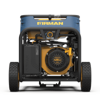 A blue and black FIRMAN Power Equipment Tri Fuel Portable Generator 8000W Electric Start 120/240V with a 439cc engine, mounted on a frame with two wheels, against a green background.