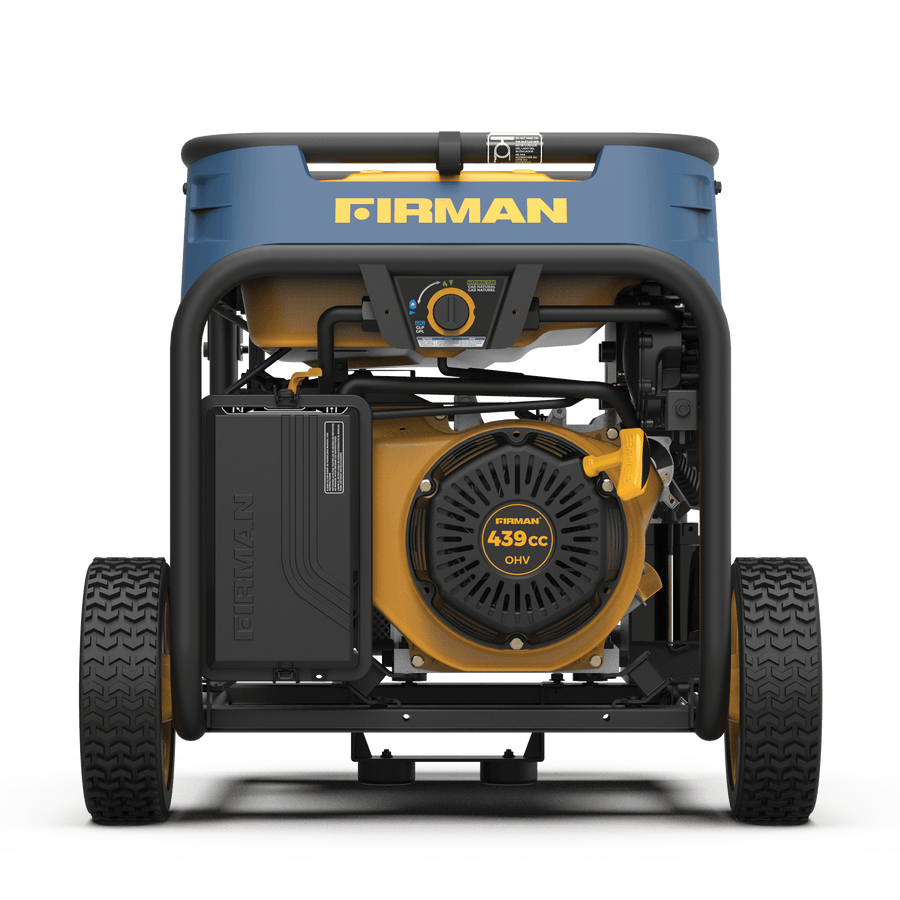 A blue and black FIRMAN Power Equipment Tri Fuel Portable Generator 8000W Electric Start 120/240V with a 439cc engine, mounted on a frame with two wheels, against a green background.