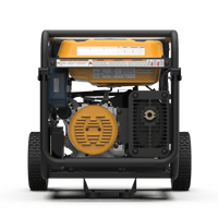 Rear view of a FIRMAN Power Equipment Tri Fuel Portable Generator 8000W Electric Start 120/240V on wheels with visible engine and control panel, isolated on a green background.