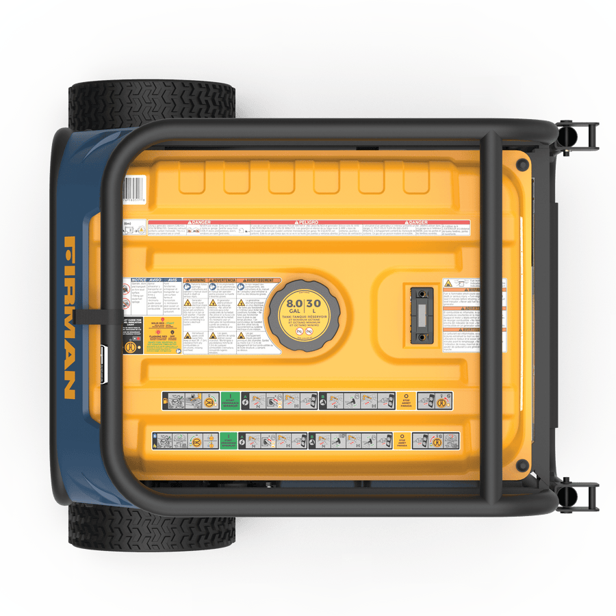Top view of a portable FIRMAN Power Equipment Tri Fuel Portable Generator 8000W Electric Start 120/240V in blue and yellow, surrounded by black tires, with detailed control panel and instructions visible.