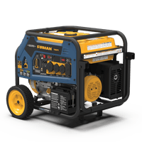 A blue and yellow FIRMAN Power Equipment Tri Fuel Portable Generator 8000W Electric Start 120/240V with wheels, displayed on a green background.