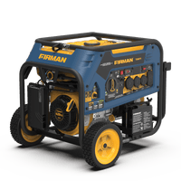A FIRMAN Power Equipment Tri Fuel Portable Generator 8000W Electric Start 120/240V on wheels, featuring multiple outlets and dials, set against a green background.