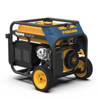 Portable FIRMAN Power Equipment Tri Fuel Portable Generator 8000W Electric Start 120/240V on wheels with a blue and yellow casing and visible engine components, on a green background.