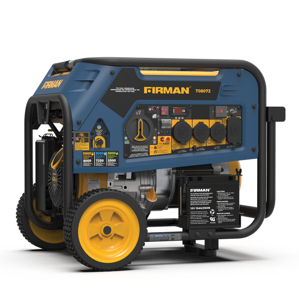 Portable blue and black FIRMAN Power Equipment Tri Fuel 8000W Portable Generator Electric Start 120/240V with CO ALERT with yellow wheels and multiple power outlets, displayed on a white background.