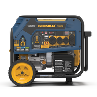 Blue and black FIRMAN Power Equipment Tri Fuel 8000W portable generator on wheels, featuring various outlets and control knobs on the front panel.