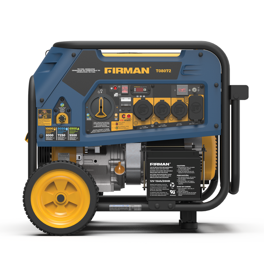 Blue and black FIRMAN Power Equipment Tri Fuel 8000W portable generator on wheels, featuring various outlets and control knobs on the front panel.