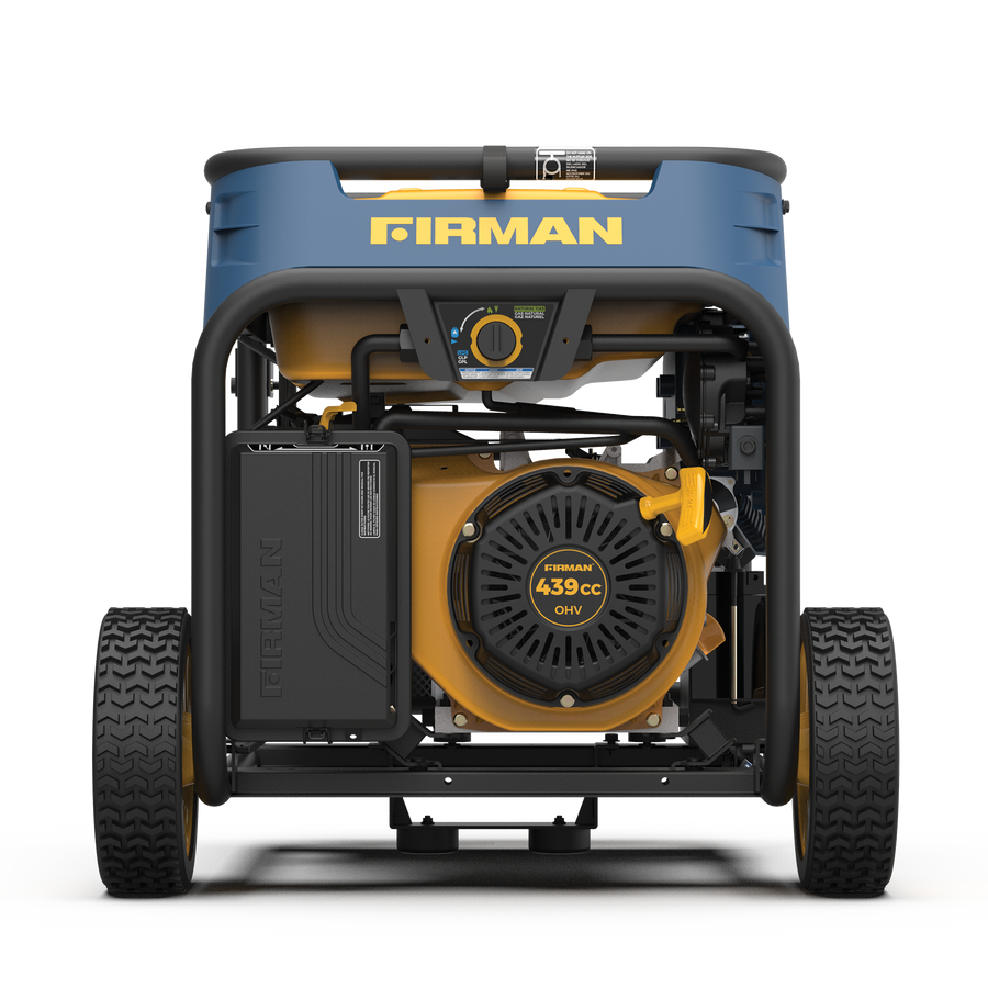 Front view of a blue and black FIRMAN Power Equipment Tri Fuel 8000W Portable Generator Electric Start 120/240V with CO ALERT showing the engine, control panel, and wheels.