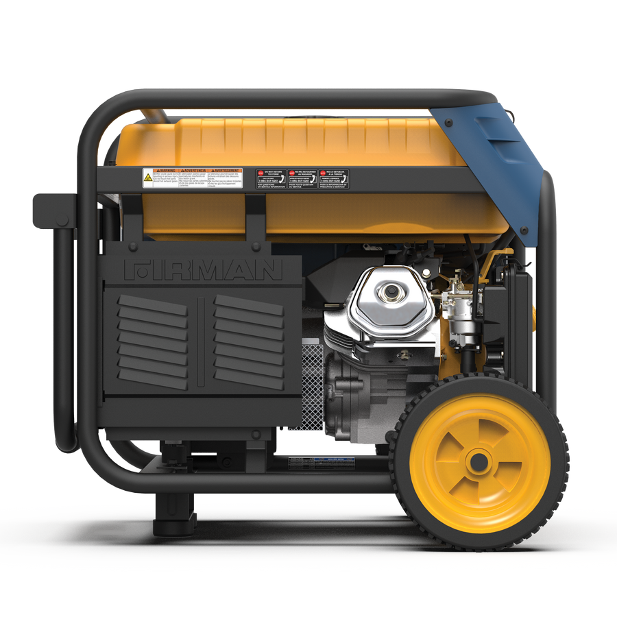 FIRMAN Power Equipment Tri Fuel 8000W Portable Generator Electric Start 120/240V with CO ALERT on wheels, featuring a visible engine, control panel, and a sturdy black frame with yellow accents.
