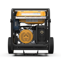Rear view of a FIRMAN Power Equipment Tri Fuel 8000W Portable Generator Electric Start 120/240V with CO ALERT on wheels, displaying engine details and warning labels.