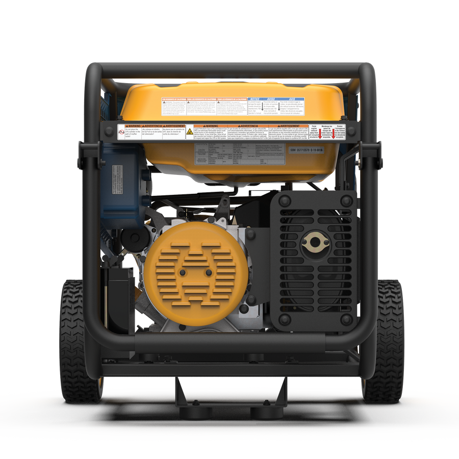 Rear view of a FIRMAN Power Equipment Tri Fuel 8000W Portable Generator Electric Start 120/240V with CO ALERT on wheels, displaying engine details and warning labels.