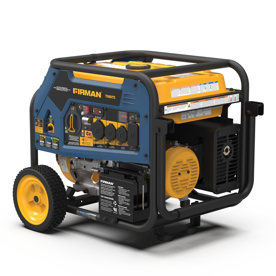 A blue and yellow FIRMAN Power Equipment Tri Fuel 8000W Portable Generator Electric Start 120/240V with CO ALERT on wheels, featuring multiple outlets and control switches.