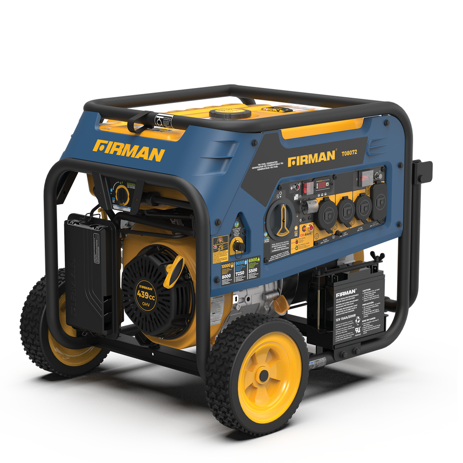 Blue and black portable FIRMAN Power Equipment Tri Fuel 8000W Portable Generator Electric Start 120/240V with CO ALERT on wheels against a white background.