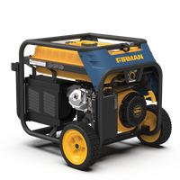A portable FIRMAN Power Equipment T08072 Tri Fuel 8000W Portable Generator Electric Start 120/240V with CO ALERT, featuring a blue and yellow color scheme, sturdy wheels, and visible engine components.