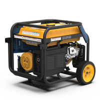 FIRMAN Power Equipment's Tri Fuel 8000W Portable Generator Electric Start 120/240V with CO ALERT on wheels with a blue and yellow color scheme, displayed against a white background.