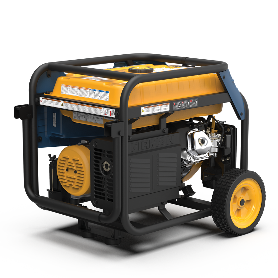 FIRMAN Power Equipment's Tri Fuel 8000W Portable Generator Electric Start 120/240V with CO ALERT on wheels with a blue and yellow color scheme, displayed against a white background.