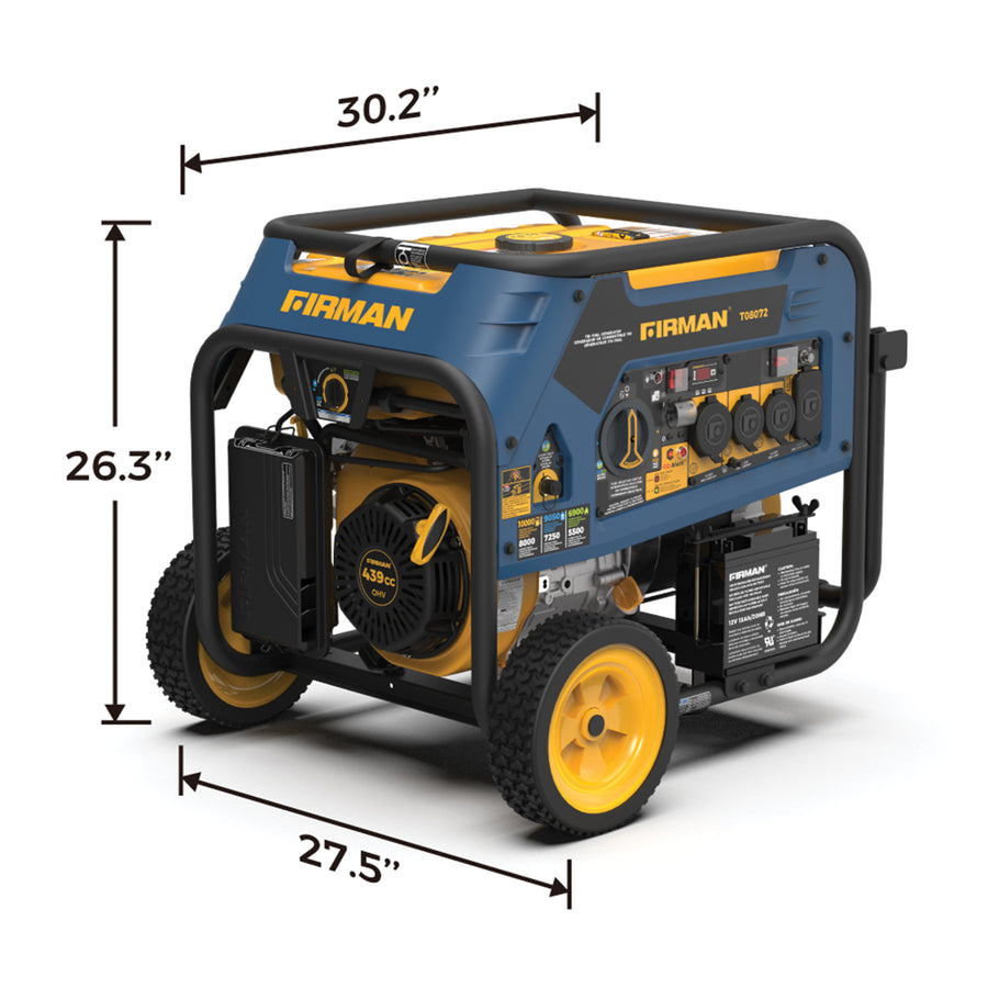 A blue and yellow FIRMAN Power Equipment Tri Fuel 8000W Portable Generator Electric Start 120/240V with CO ALERT with dimensions labeled, showing multiple output ports and a pull handle.