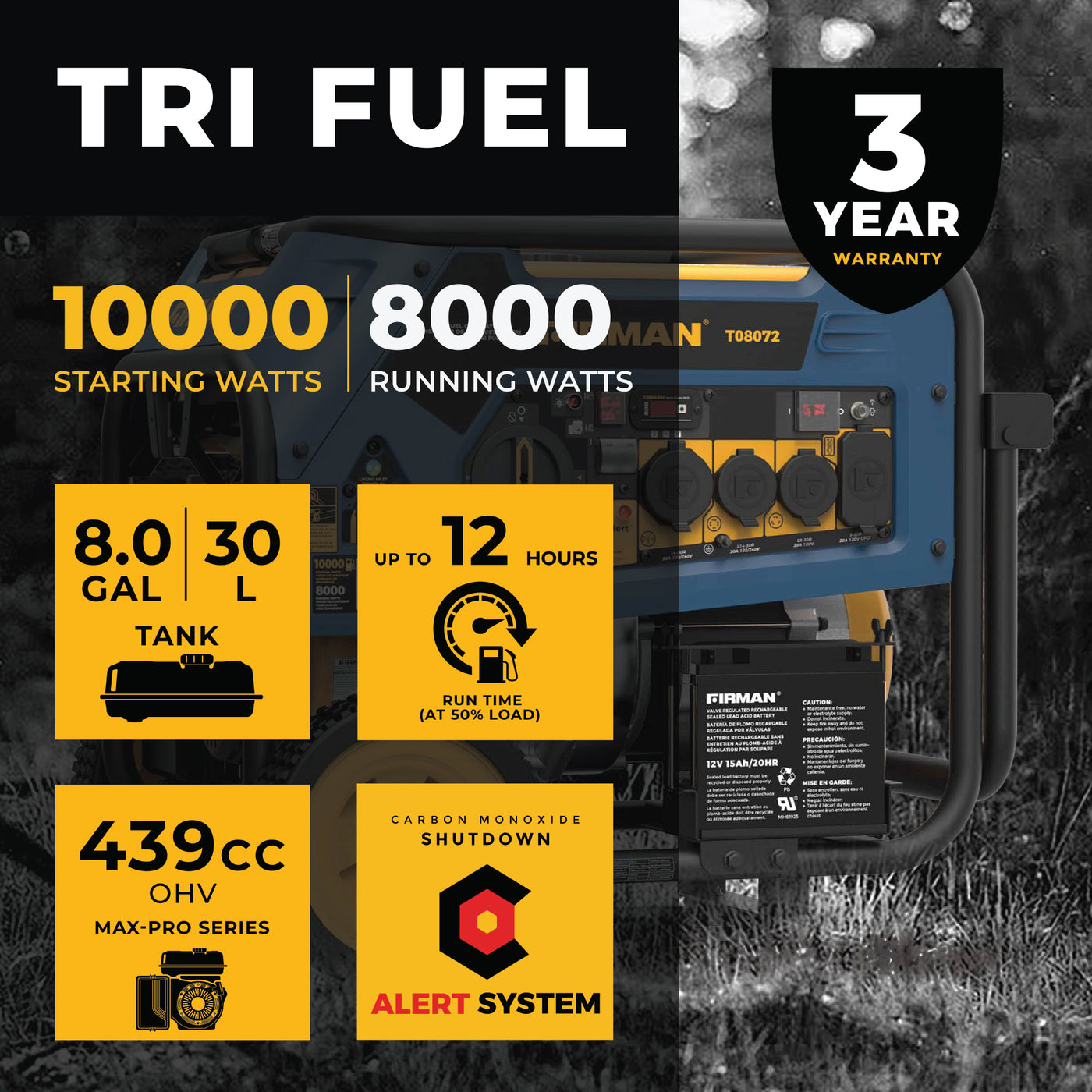 Tri Fuel 8000W Portable Generator Electric Start 120/240V with CO ALER ...