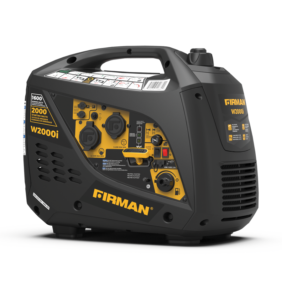 Refurbished FIRMAN Power Equipment Gas Inverter 2000W Recoil Start portable generator with a control panel featuring various outlets and gauges, black and yellow color scheme.