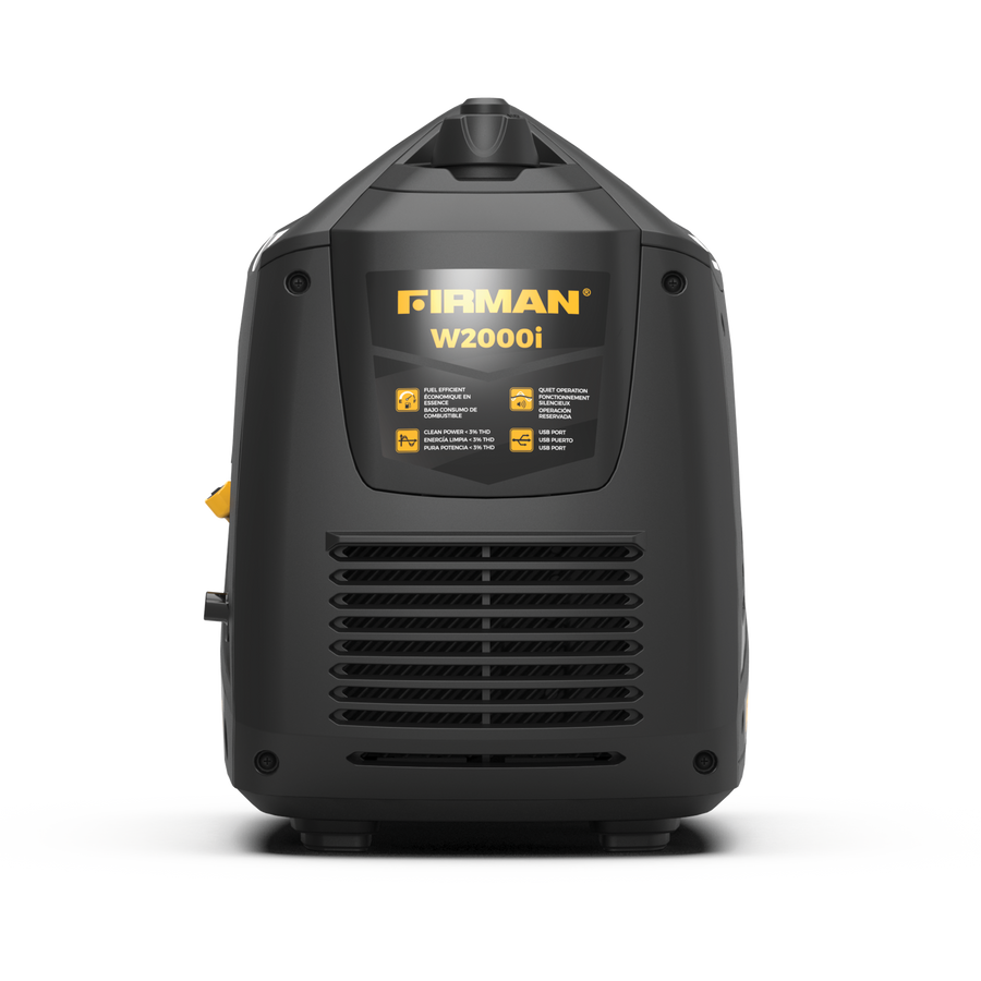 FIRMAN Power Equipment refurbished Gas Inverter 2000W Recoil Start, black and yellow, facing front with visible control panel and ventilation grilles.