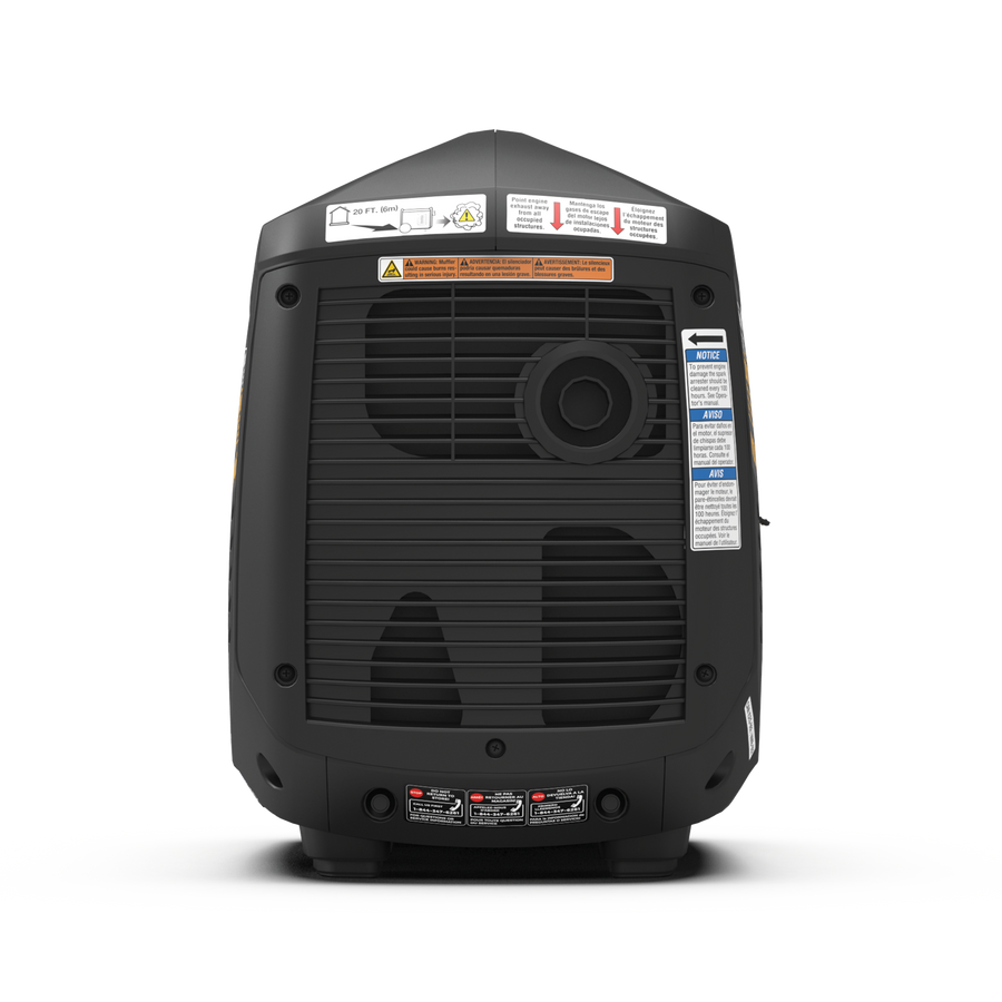 Portable black FIRMAN Power Equipment gas inverter generator isolated on a white background, viewed from the front with visible control labels and warnings.