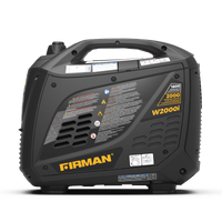 A black and gray FIRMAN Power Equipment Refurbished Gas Inverter 2000W Recoil Start portable generator featuring control labels and warning stickers on its side.