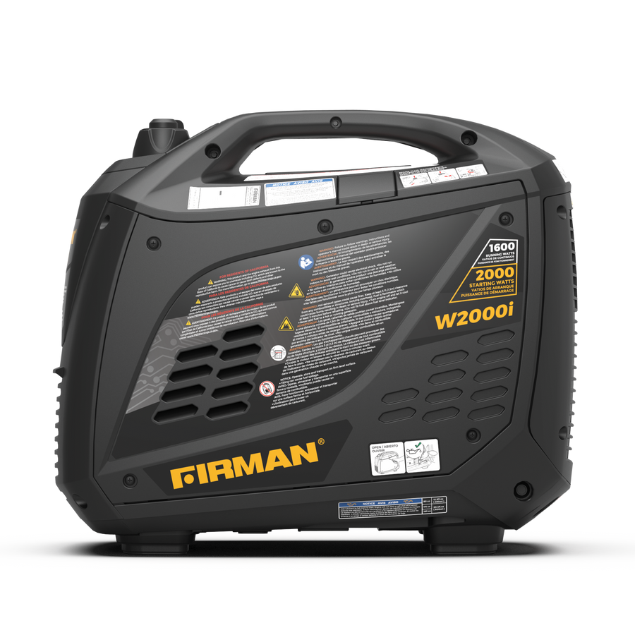 A black and gray FIRMAN Power Equipment Refurbished Gas Inverter 2000W Recoil Start portable generator featuring control labels and warning stickers on its side.