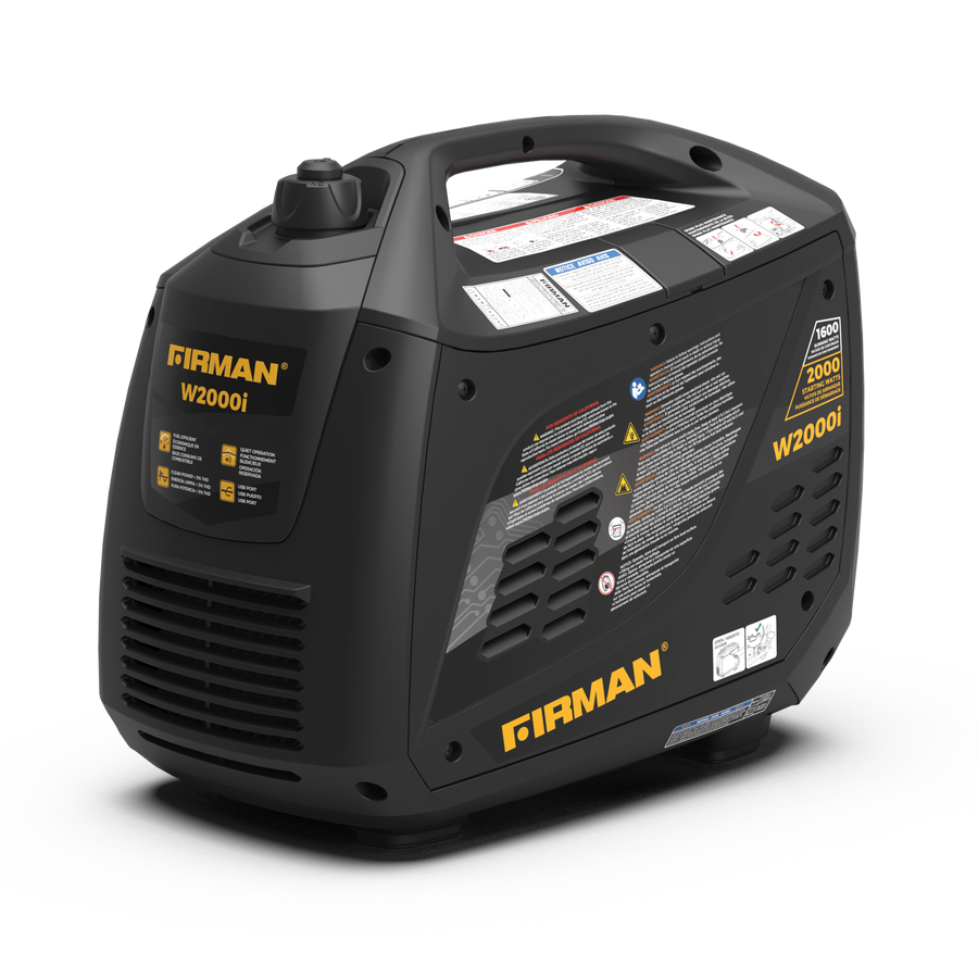 A FIRMAN Power Equipment Refurbished Gas Inverter 2000W Recoil Start portable generator, angled view showing front and side details, placed on a white background.