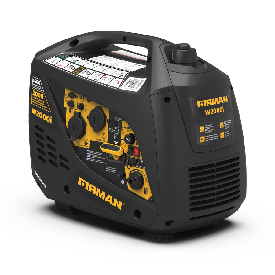 A refurbished FIRMAN Power Equipment Gas Inverter 2000W Recoil Start portable generator with a black and yellow exterior, featuring multiple outlets and control labels on the front panel.