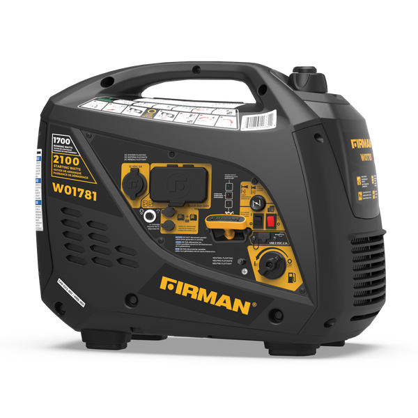Portable FIRMAN Power Equipment Inverter Portable Generator 2100W Recoil Start gas-powered generator, ideal for camping, featuring a control panel with various outlets and dials, displayed against a striped background.