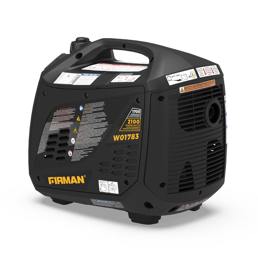 Portable inverter generator, FIRMAN Power Equipment Inverter Portable Generator 2100W Recoil Start, black with yellow accents and visible control labels, on a white background.