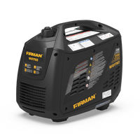 Black FIRMAN Power Equipment Inverter Portable Generator 2100W Recoil Start, model w01783, angle showing control panel and venting.