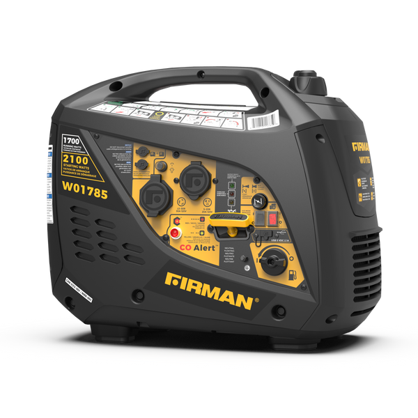 A black and yellow Inverter Portable Generator 2100W Recoil Start with CO Alert with various sockets and control buttons, labeled "FIRMAN Power Equipment" and equipped with CO Alert technology, shows operational details and specifications on the side panel. Its quiet sound operation ensures minimal disturbance.