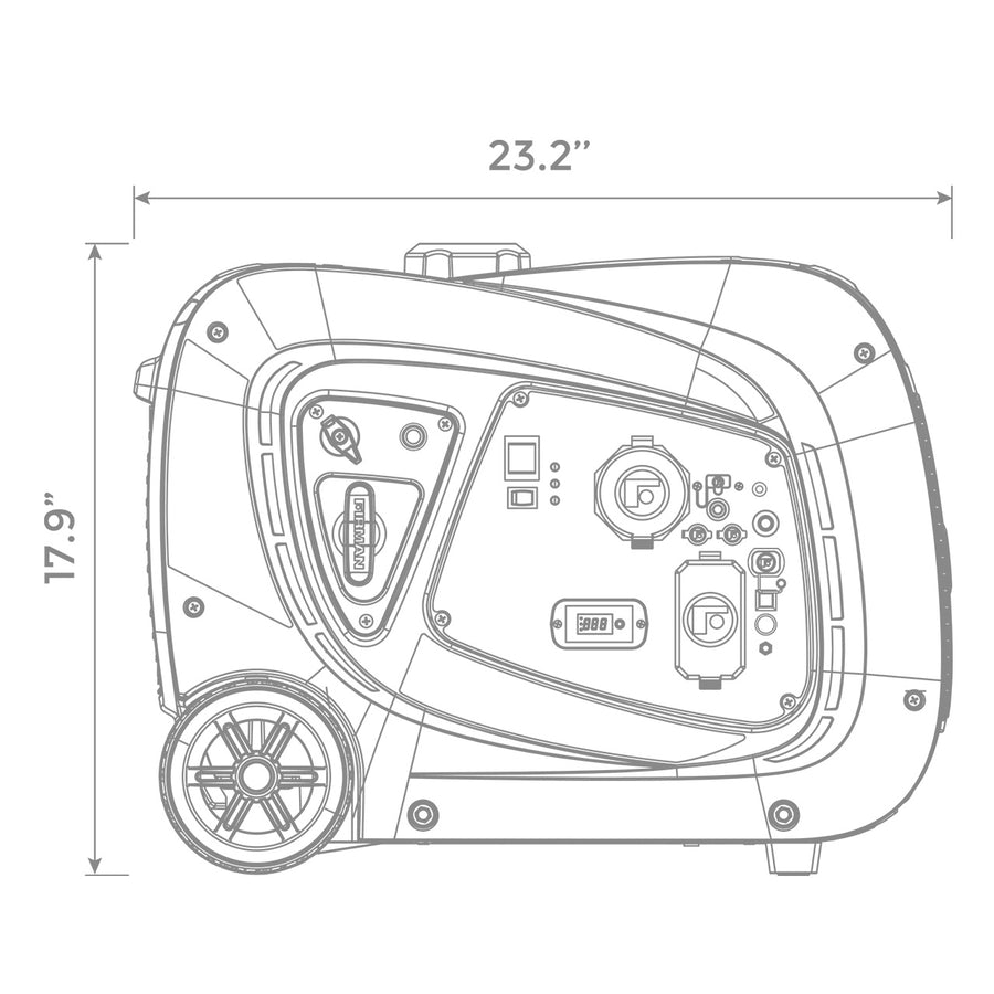 Technical drawing of a FIRMAN Power Equipment Inverter Portable Generator 3300W Remote Start with labeled dimensions, featuring control panel details and side wheel.