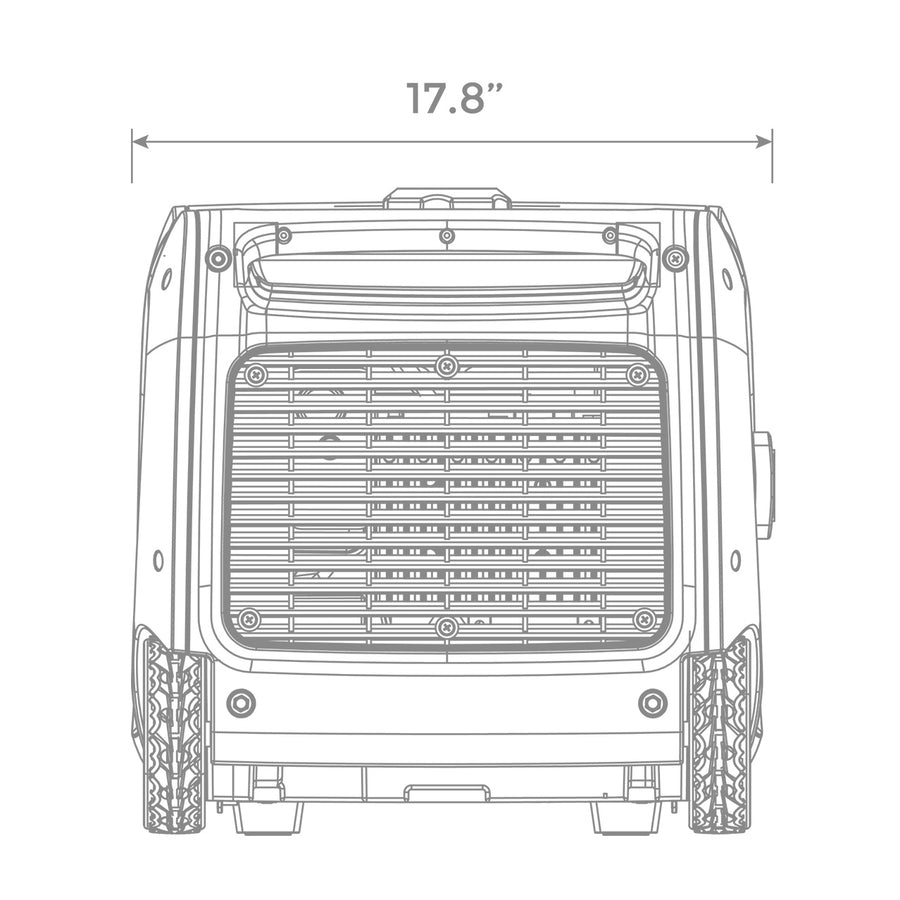 Technical line drawing of a FIRMAN Power Equipment Inverter Portable Generator 3300W Remote Start with dimensions marked, showing front view with grille and handles.