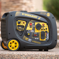 A black and yellow FIRMAN Power Equipment Inverter Portable Generator 3300W Remote Start, model w03081, featuring a control panel with various outlets and dials, set on a gravel surface.