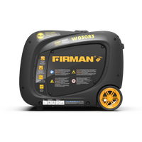 Black and yellow FIRMAN Power Equipment Inverter Portable Generator 3300W Remote Start on a white background, showcasing the control panel and side profile with wheel.