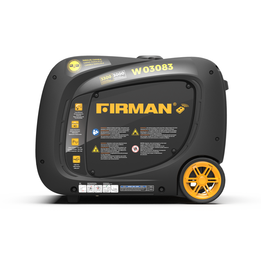 Black and yellow FIRMAN Power Equipment Inverter Portable Generator 3300W Remote Start on a white background, showcasing the control panel and side profile with wheel.