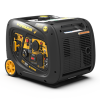 Portable FIRMAN Power Equipment Inverter Portable Generator 3300W Remote Start for camping and tailgating, featuring multiple outlets, digital display, and yellow accents on a white background.