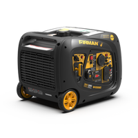 Portable FIRMAN Inverter Generator 3300W Remote Start with a black and yellow exterior, featuring multiple outlets and control knobs, isolated on a white background.